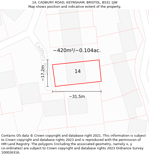 14, CADBURY ROAD, KEYNSHAM, BRISTOL, BS31 1JW: Plot and title map