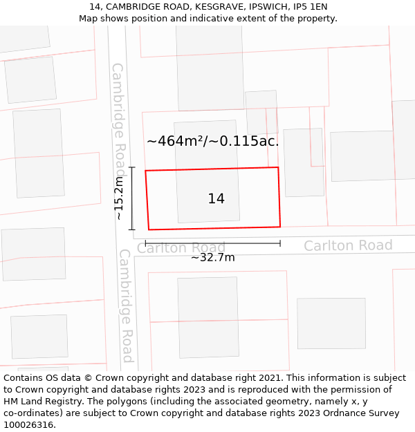 14, CAMBRIDGE ROAD, KESGRAVE, IPSWICH, IP5 1EN: Plot and title map