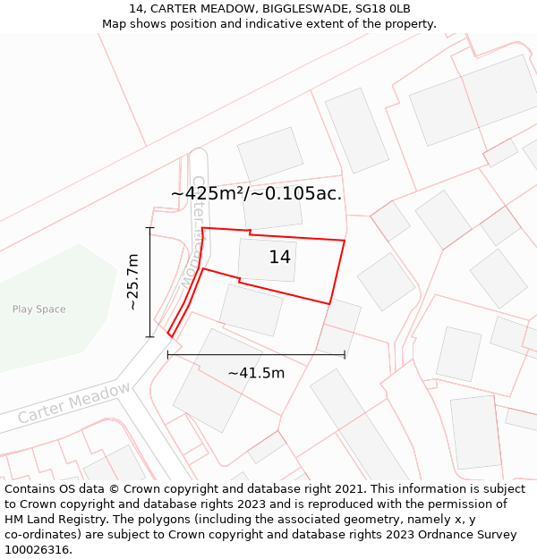 14, CARTER MEADOW, BIGGLESWADE, SG18 0LB: Plot and title map