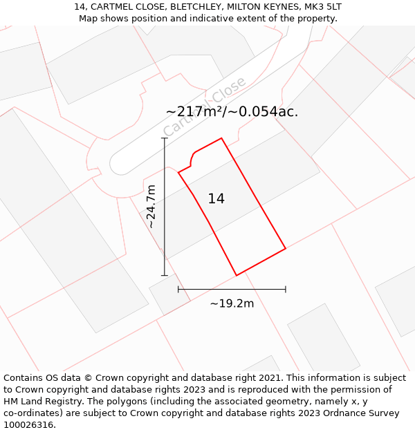 14, CARTMEL CLOSE, BLETCHLEY, MILTON KEYNES, MK3 5LT: Plot and title map