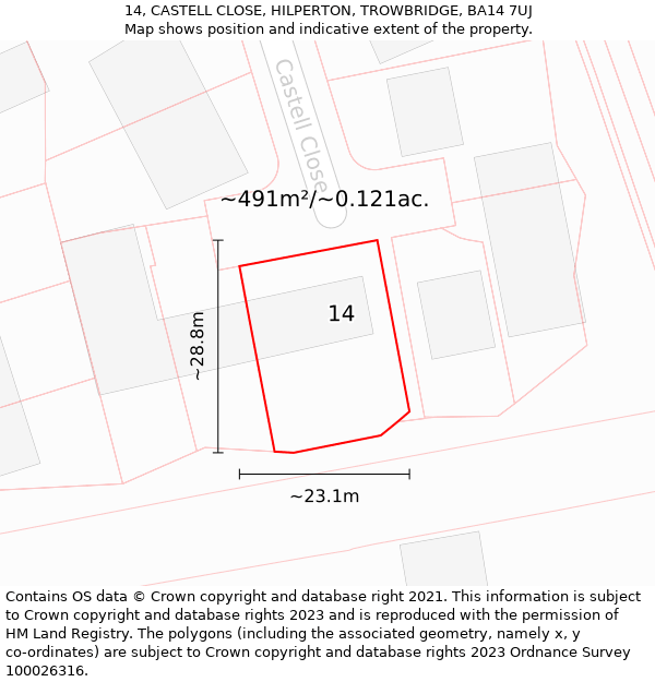 14, CASTELL CLOSE, HILPERTON, TROWBRIDGE, BA14 7UJ: Plot and title map