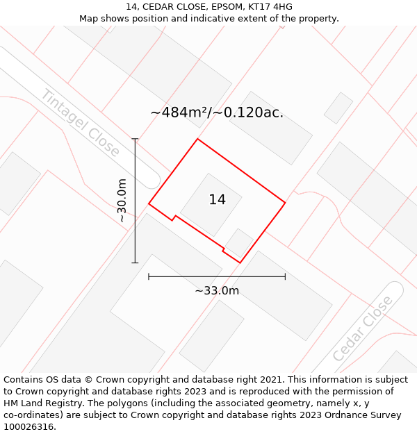 14, CEDAR CLOSE, EPSOM, KT17 4HG: Plot and title map