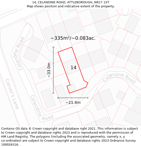 14, CELANDINE ROAD, ATTLEBOROUGH, NR17 1XT: Plot and title map