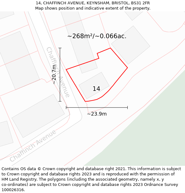 14, CHAFFINCH AVENUE, KEYNSHAM, BRISTOL, BS31 2FR: Plot and title map