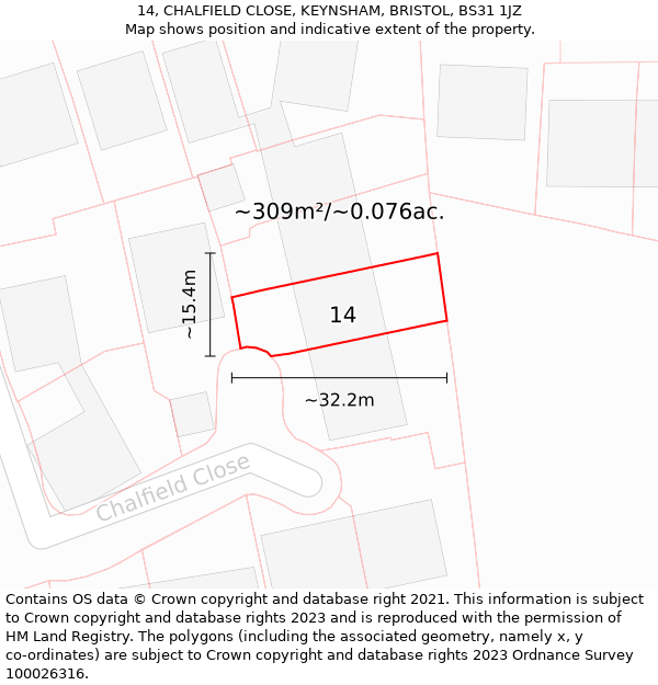 14, CHALFIELD CLOSE, KEYNSHAM, BRISTOL, BS31 1JZ: Plot and title map