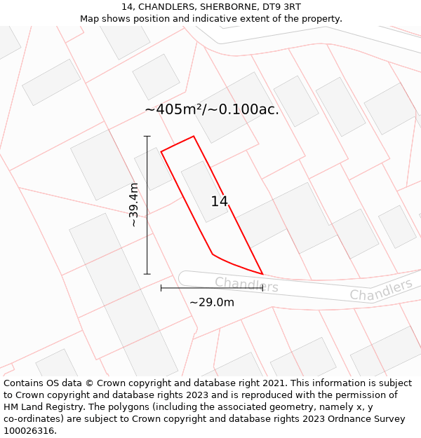 14, CHANDLERS, SHERBORNE, DT9 3RT: Plot and title map