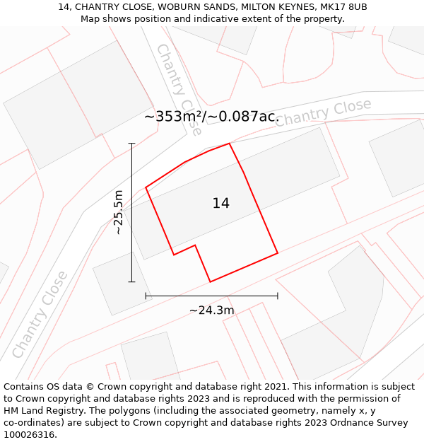 14, CHANTRY CLOSE, WOBURN SANDS, MILTON KEYNES, MK17 8UB: Plot and title map
