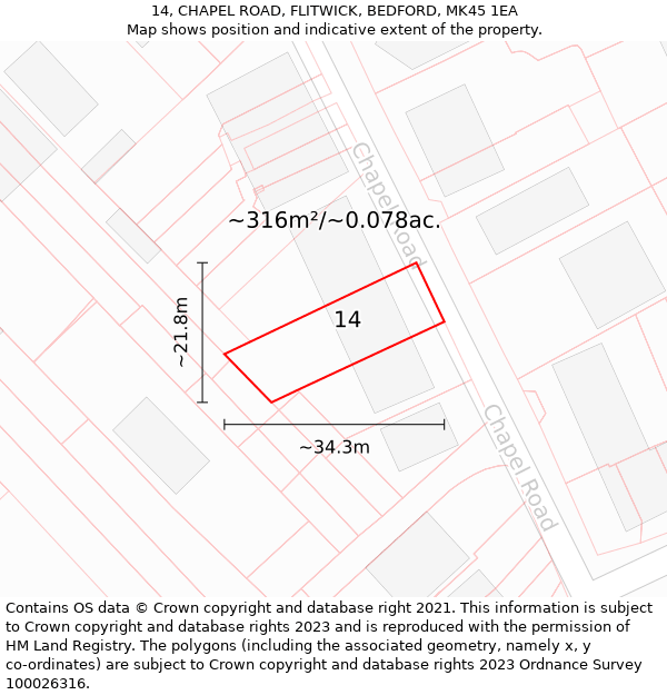 14, CHAPEL ROAD, FLITWICK, BEDFORD, MK45 1EA: Plot and title map