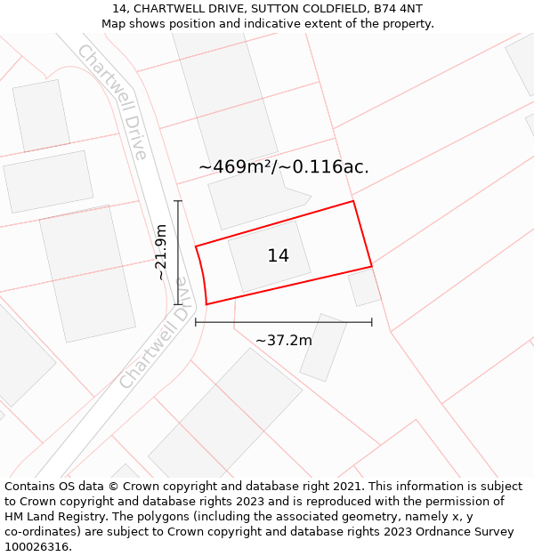 14, CHARTWELL DRIVE, SUTTON COLDFIELD, B74 4NT: Plot and title map