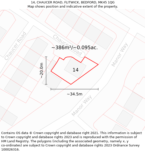 14, CHAUCER ROAD, FLITWICK, BEDFORD, MK45 1QG: Plot and title map