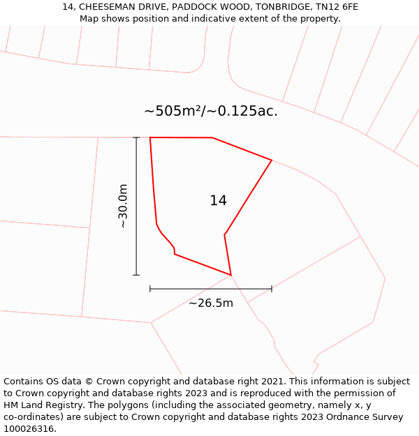 14, CHEESEMAN DRIVE, PADDOCK WOOD, TONBRIDGE, TN12 6FE: Plot and title map