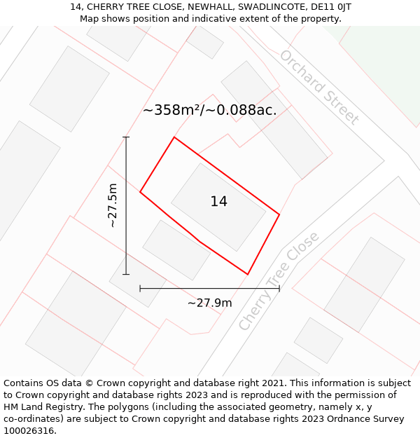 14, CHERRY TREE CLOSE, NEWHALL, SWADLINCOTE, DE11 0JT: Plot and title map