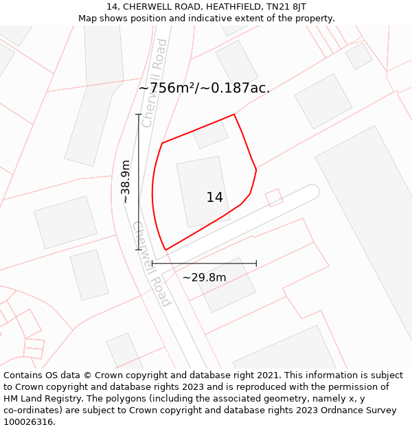 14, CHERWELL ROAD, HEATHFIELD, TN21 8JT: Plot and title map