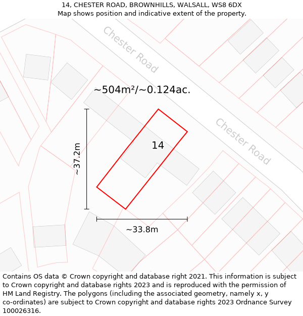 14, CHESTER ROAD, BROWNHILLS, WALSALL, WS8 6DX: Plot and title map