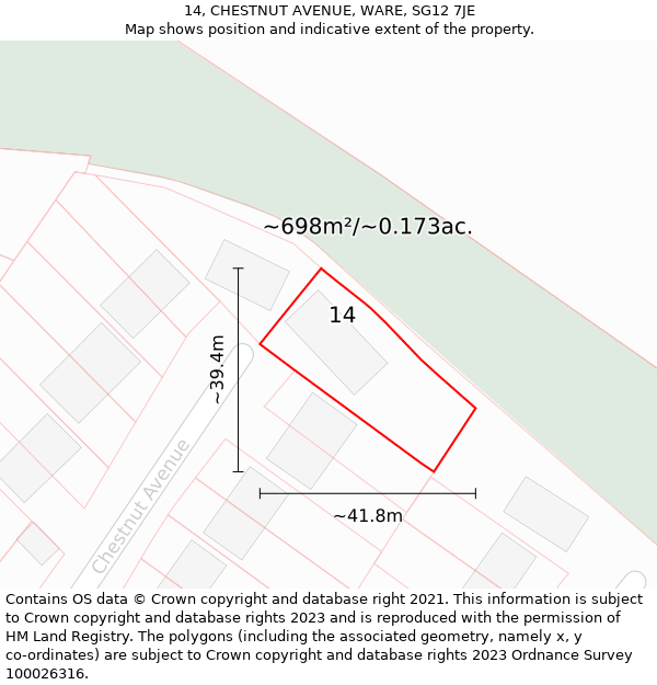 14, CHESTNUT AVENUE, WARE, SG12 7JE: Plot and title map