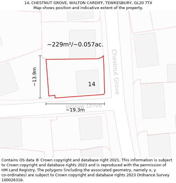 14, CHESTNUT GROVE, WALTON CARDIFF, TEWKESBURY, GL20 7TX: Plot and title map