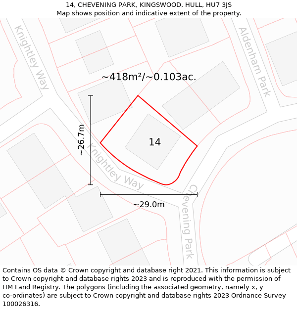 14, CHEVENING PARK, KINGSWOOD, HULL, HU7 3JS: Plot and title map