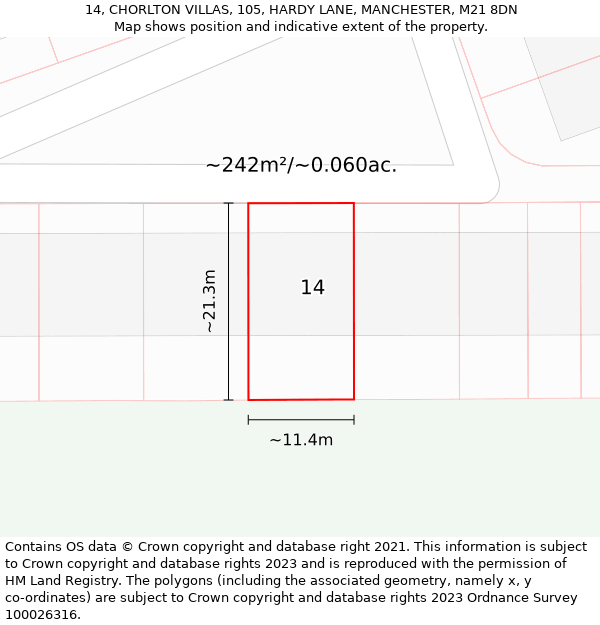 14, CHORLTON VILLAS, 105, HARDY LANE, MANCHESTER, M21 8DN: Plot and title map