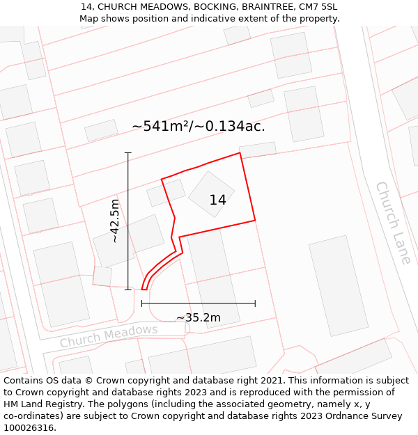 14, CHURCH MEADOWS, BOCKING, BRAINTREE, CM7 5SL: Plot and title map