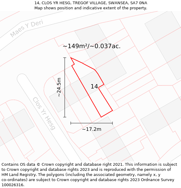 14, CLOS YR HESG, TREGOF VILLAGE, SWANSEA, SA7 0NA: Plot and title map