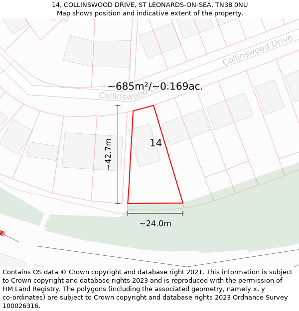 14, COLLINSWOOD DRIVE, ST LEONARDS-ON-SEA, TN38 0NU: Plot and title map