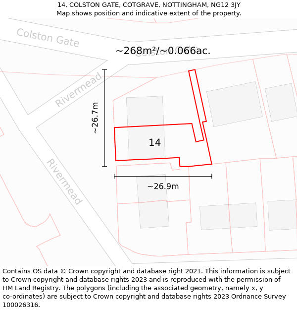 14, COLSTON GATE, COTGRAVE, NOTTINGHAM, NG12 3JY: Plot and title map