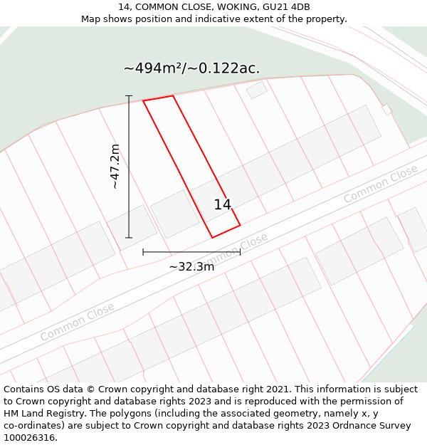 14, COMMON CLOSE, WOKING, GU21 4DB: Plot and title map