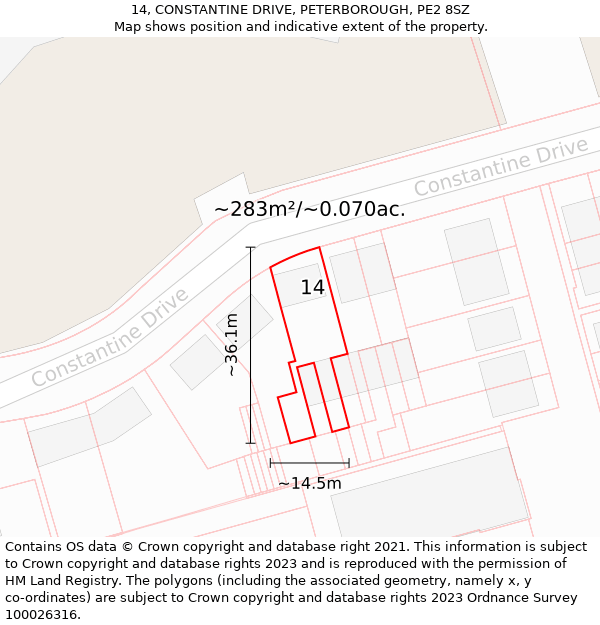 14, CONSTANTINE DRIVE, PETERBOROUGH, PE2 8SZ: Plot and title map