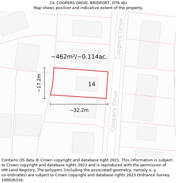 14, COOPERS DRIVE, BRIDPORT, DT6 4JU: Plot and title map