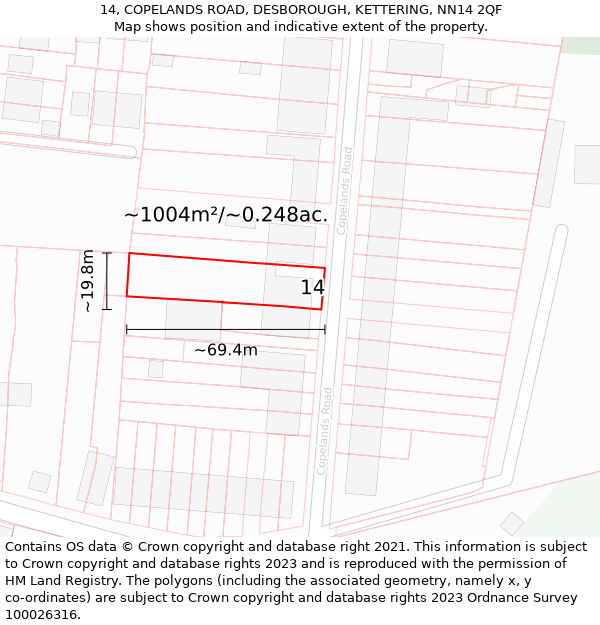 14, COPELANDS ROAD, DESBOROUGH, KETTERING, NN14 2QF: Plot and title map