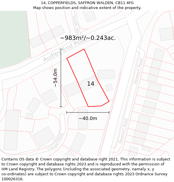 14, COPPERFIELDS, SAFFRON WALDEN, CB11 4FG: Plot and title map