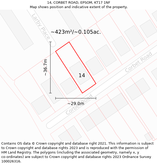 14, CORBET ROAD, EPSOM, KT17 1NF: Plot and title map