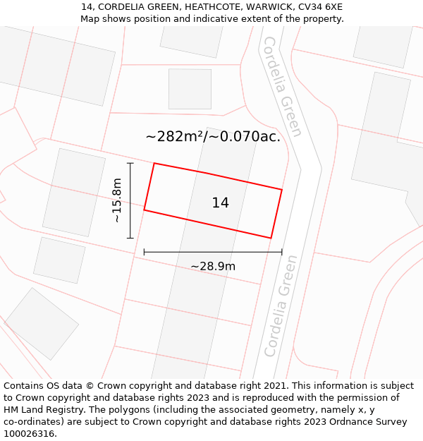 14, CORDELIA GREEN, HEATHCOTE, WARWICK, CV34 6XE: Plot and title map