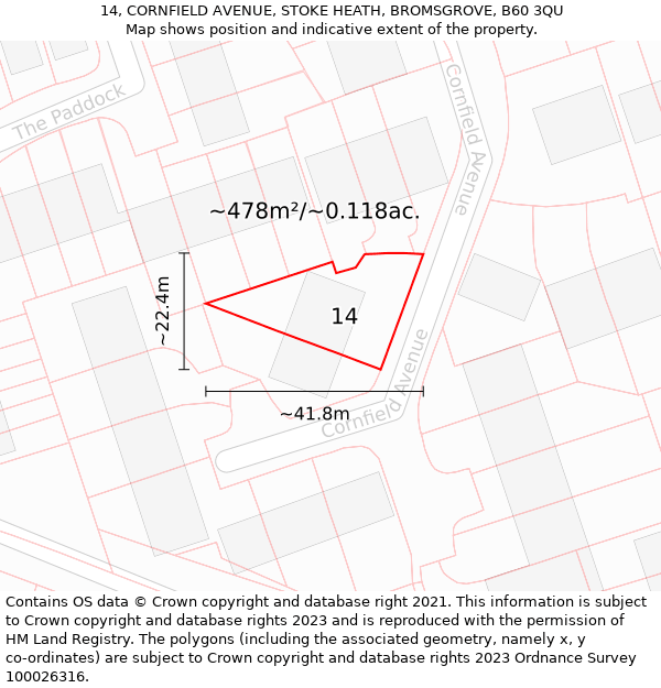 14, CORNFIELD AVENUE, STOKE HEATH, BROMSGROVE, B60 3QU: Plot and title map