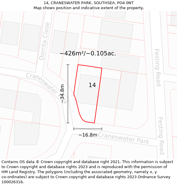 14, CRANESWATER PARK, SOUTHSEA, PO4 0NT: Plot and title map