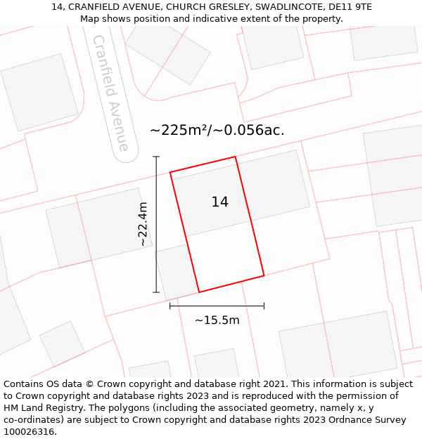 14, CRANFIELD AVENUE, CHURCH GRESLEY, SWADLINCOTE, DE11 9TE: Plot and title map