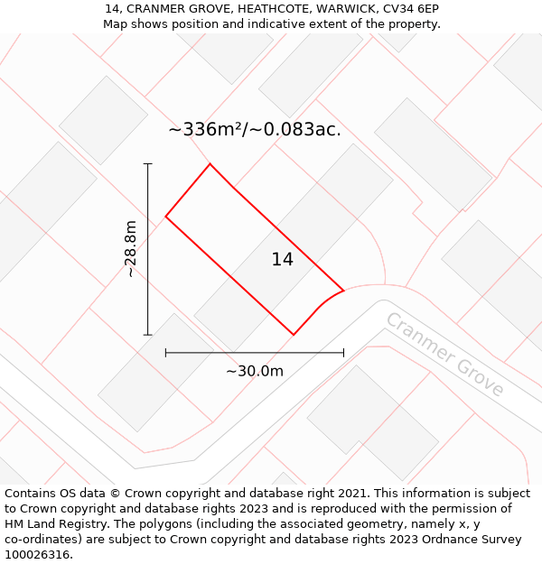 14, CRANMER GROVE, HEATHCOTE, WARWICK, CV34 6EP: Plot and title map