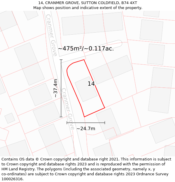 14, CRANMER GROVE, SUTTON COLDFIELD, B74 4XT: Plot and title map