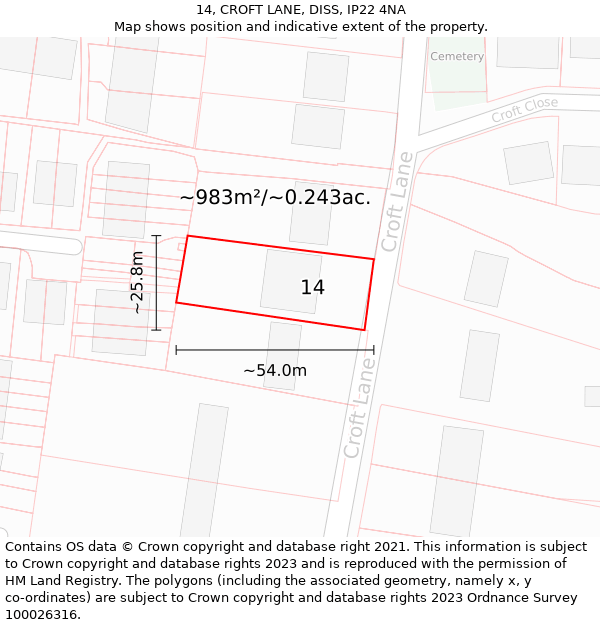 14, CROFT LANE, DISS, IP22 4NA: Plot and title map