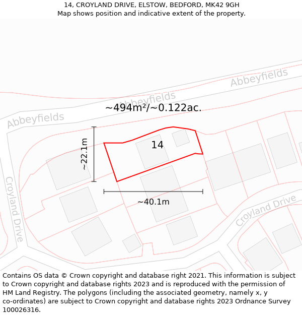 14, CROYLAND DRIVE, ELSTOW, BEDFORD, MK42 9GH: Plot and title map