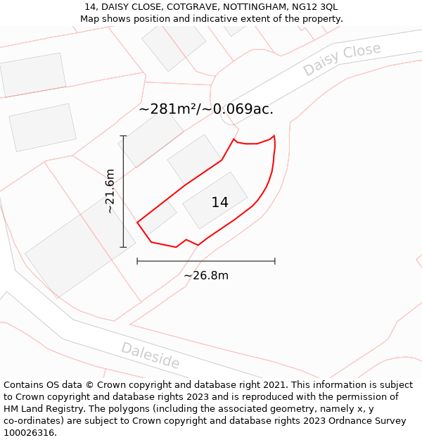 14, DAISY CLOSE, COTGRAVE, NOTTINGHAM, NG12 3QL: Plot and title map