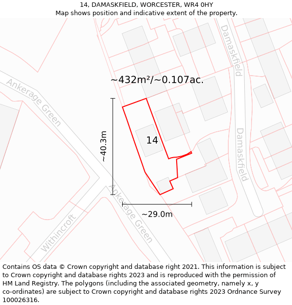 14, DAMASKFIELD, WORCESTER, WR4 0HY: Plot and title map