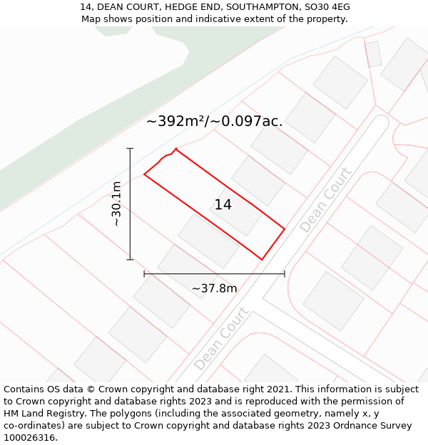 14, DEAN COURT, HEDGE END, SOUTHAMPTON, SO30 4EG: Plot and title map