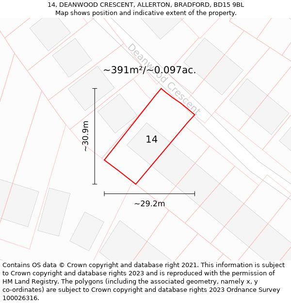 14, DEANWOOD CRESCENT, ALLERTON, BRADFORD, BD15 9BL: Plot and title map