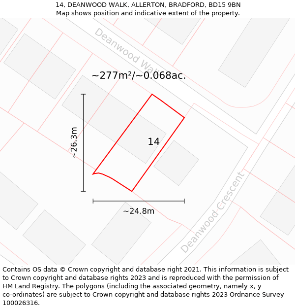 14, DEANWOOD WALK, ALLERTON, BRADFORD, BD15 9BN: Plot and title map