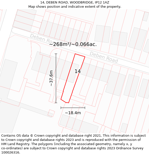 14, DEBEN ROAD, WOODBRIDGE, IP12 1AZ: Plot and title map