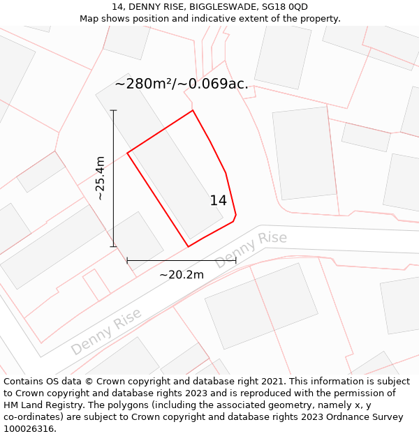 14, DENNY RISE, BIGGLESWADE, SG18 0QD: Plot and title map