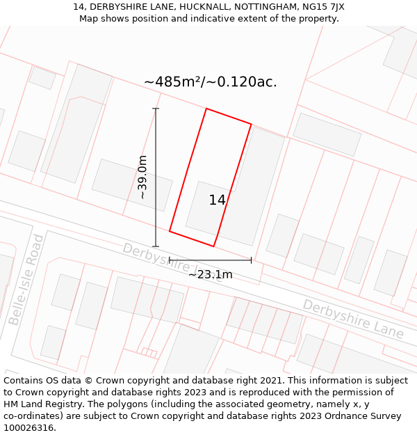 14, DERBYSHIRE LANE, HUCKNALL, NOTTINGHAM, NG15 7JX: Plot and title map