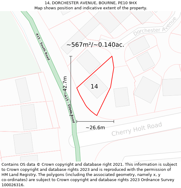 14, DORCHESTER AVENUE, BOURNE, PE10 9HX: Plot and title map