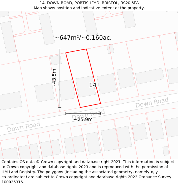 14, DOWN ROAD, PORTISHEAD, BRISTOL, BS20 6EA: Plot and title map